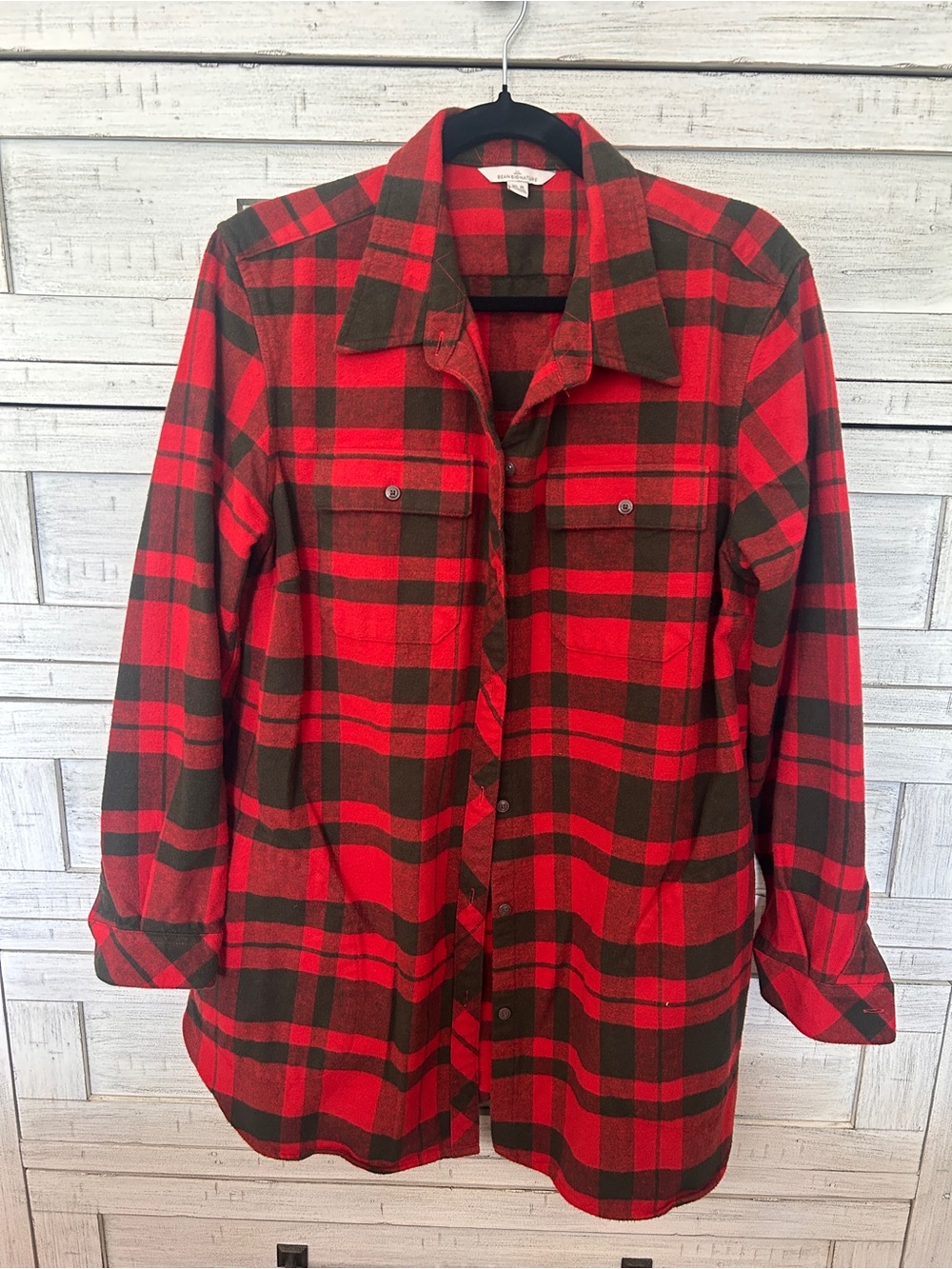 LL Bean Red and Black Plaid Button-Up Shirt Jacket